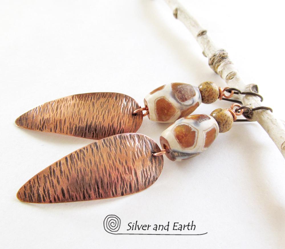 African Tribal Copper Earrings with Etched Agate Stones - African Style Jewelry