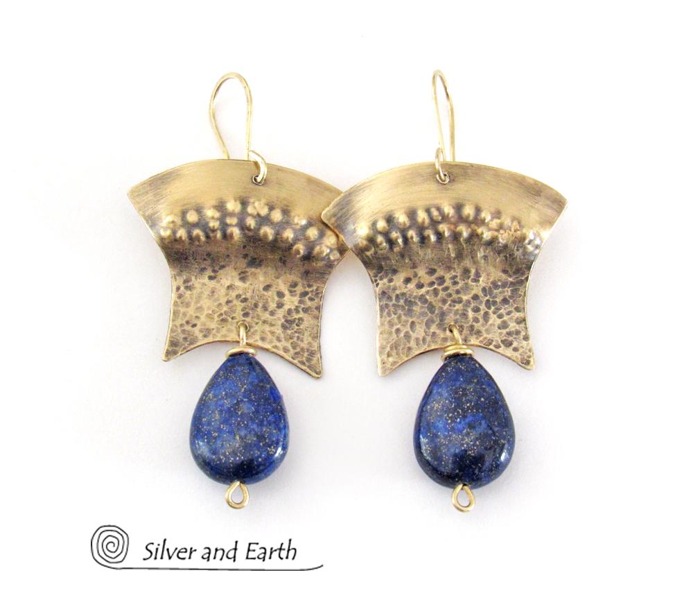 Exotic Gold Brass Egyptian Earrings with Lapis Lazuli Gemstones