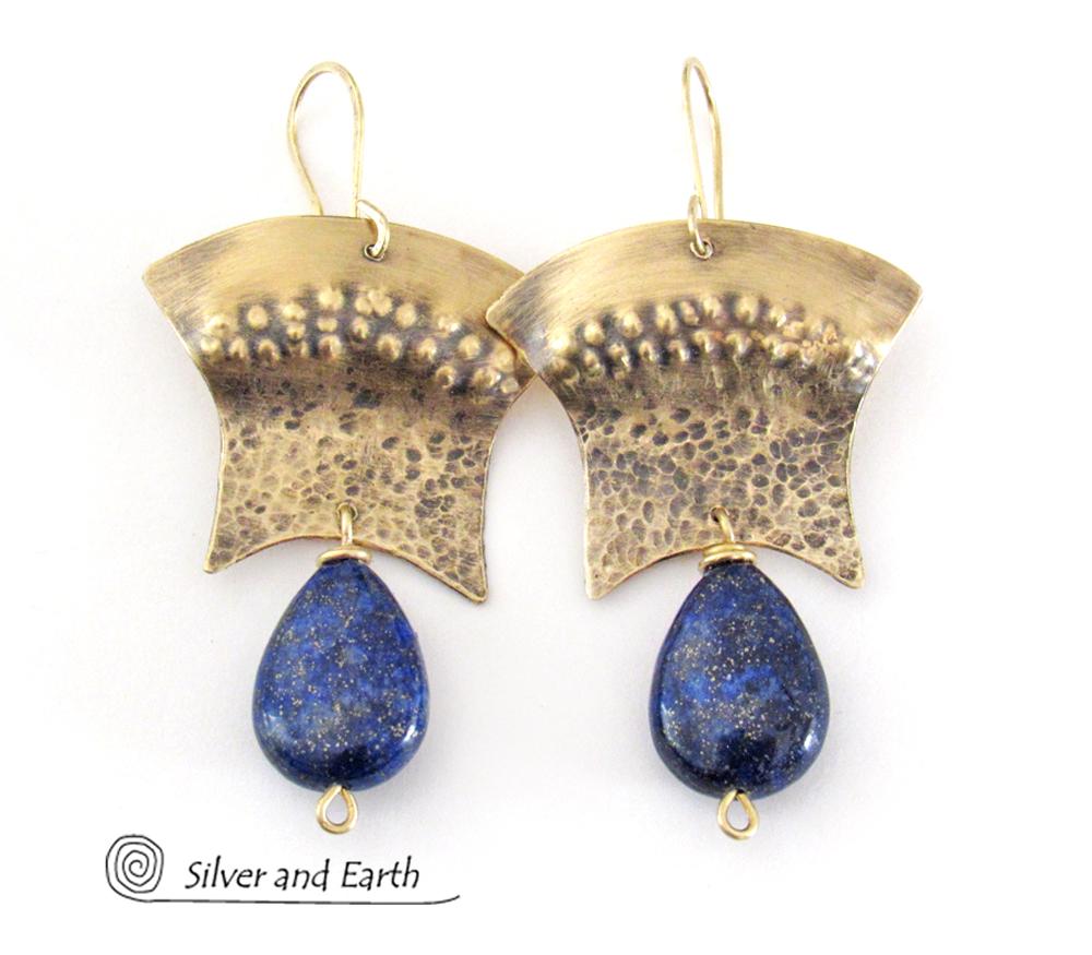 Exotic Gold Brass Egyptian Earrings with Lapis Lazuli Gemstones