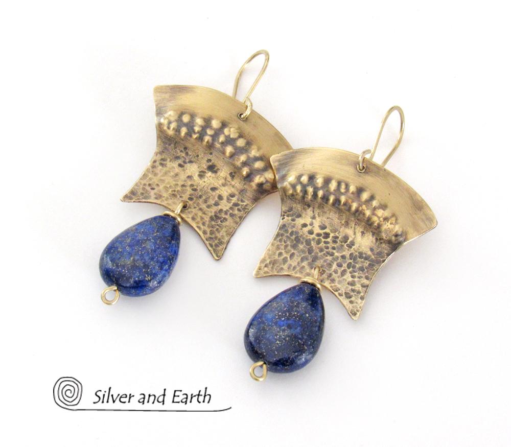 Gold Brass Egyptian Earrings with Lapis Lazuli Gemstones - Bold Exotic Jewelry