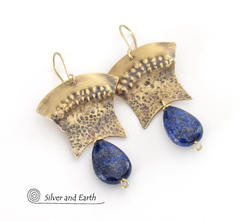 Gold Brass Egyptian Earrings with Lapis Lazuli Gemstones - Bold Exotic Jewelry