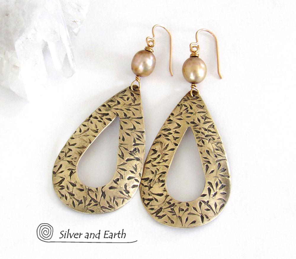 Large Gold Brass Hoop Earrings with Gold Pearls - Big Bold Statement Jewelry