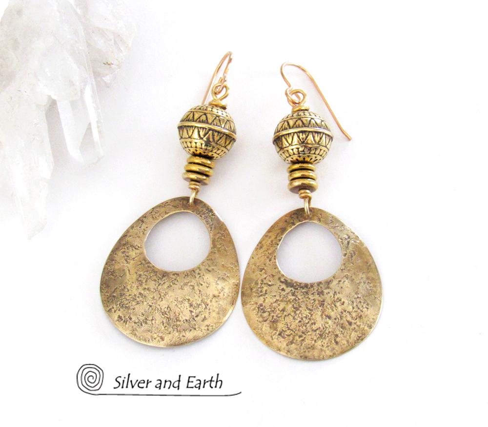 Gold Brass Hoop Earrings with Tribal Beads - Modern Chic Jewelry