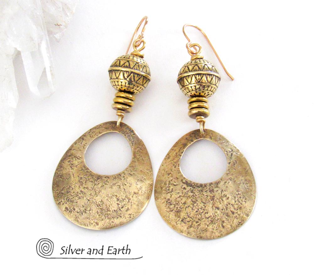 Gold Brass Hoop Earrings with Tribal Beads - Modern Chic Jewelry