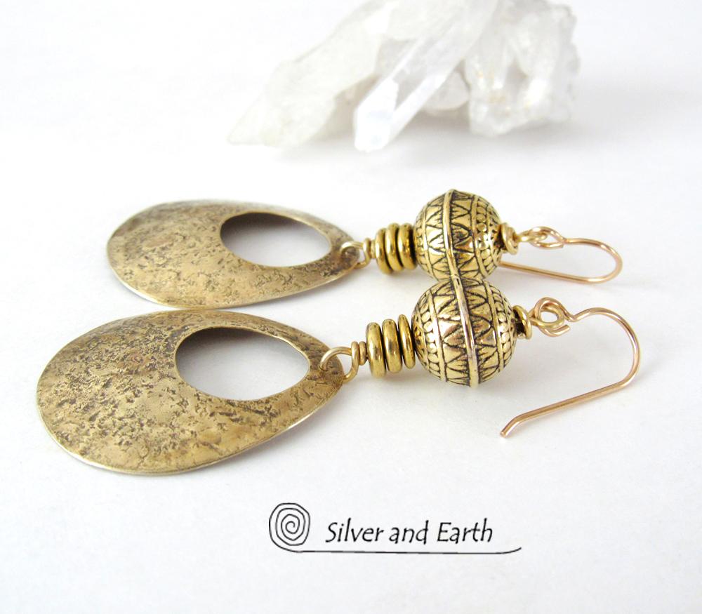 Gold Brass Hoop Earrings with Tribal Beads - Modern Chic Jewelry