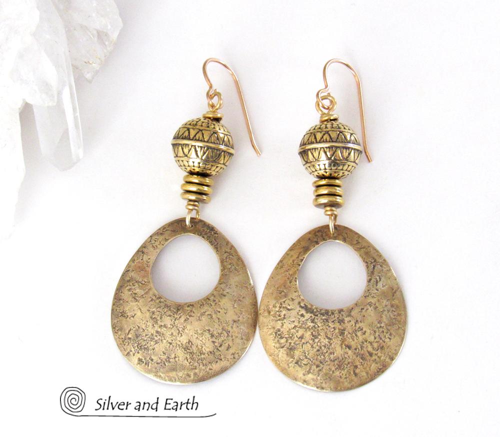 Gold Brass Hoop Earrings with Tribal Beads - Modern Chic Jewelry