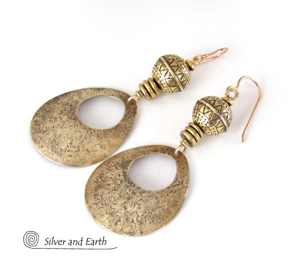 Gold Brass Hoop Earrings with Tribal Beads - Modern Chic Jewelry