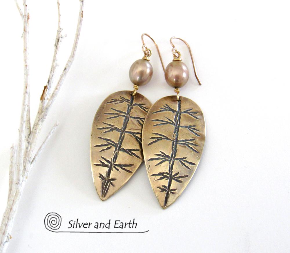 Gold Brass Leaf Earrings with Gold Pearls - Elegant Nature Inspired Jewelry