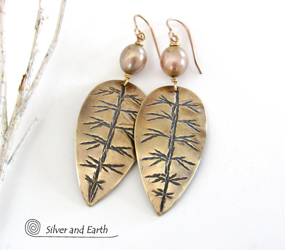 Gold Brass Leaf Earrings with Gold Pearls - Elegant Nature Inspired Jewelry