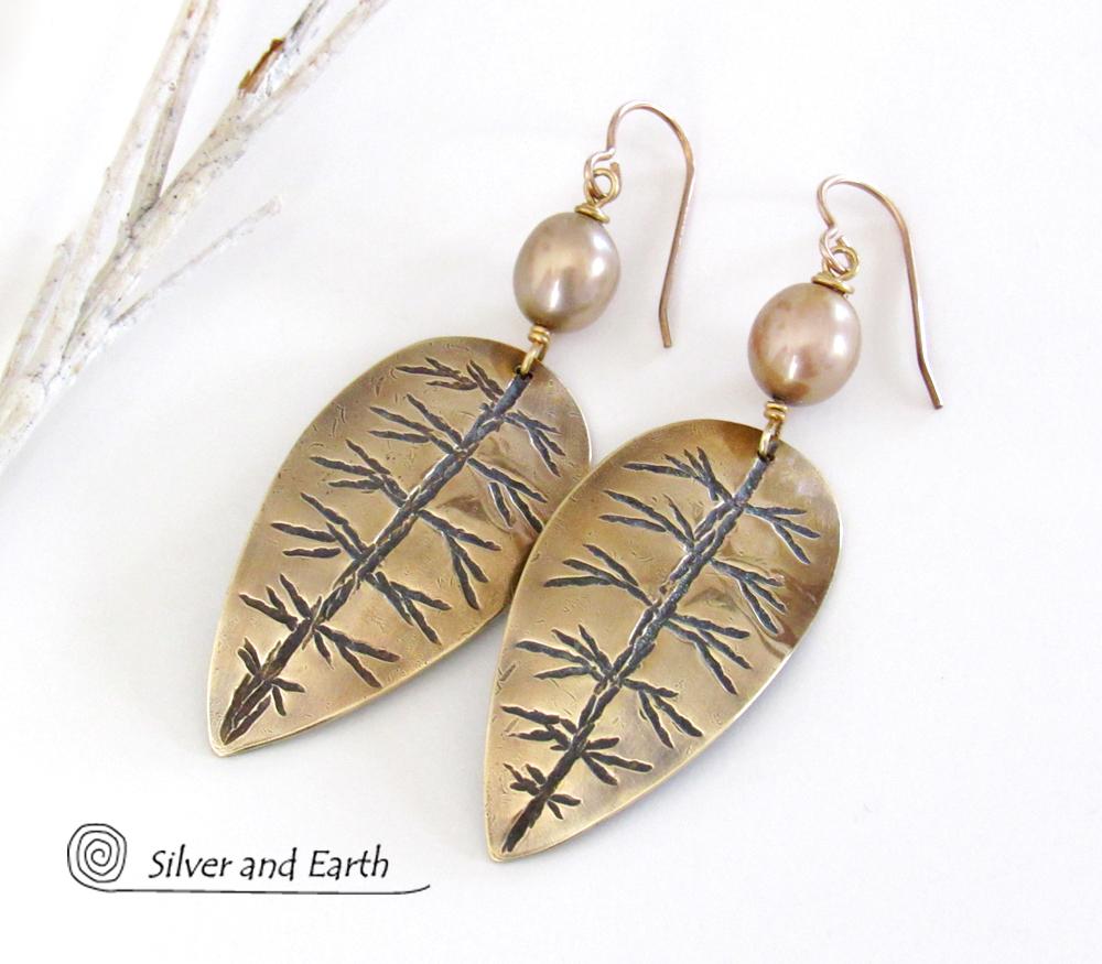 Gold Brass Leaf Earrings with Gold Pearls - Elegant Nature Inspired Jewelry