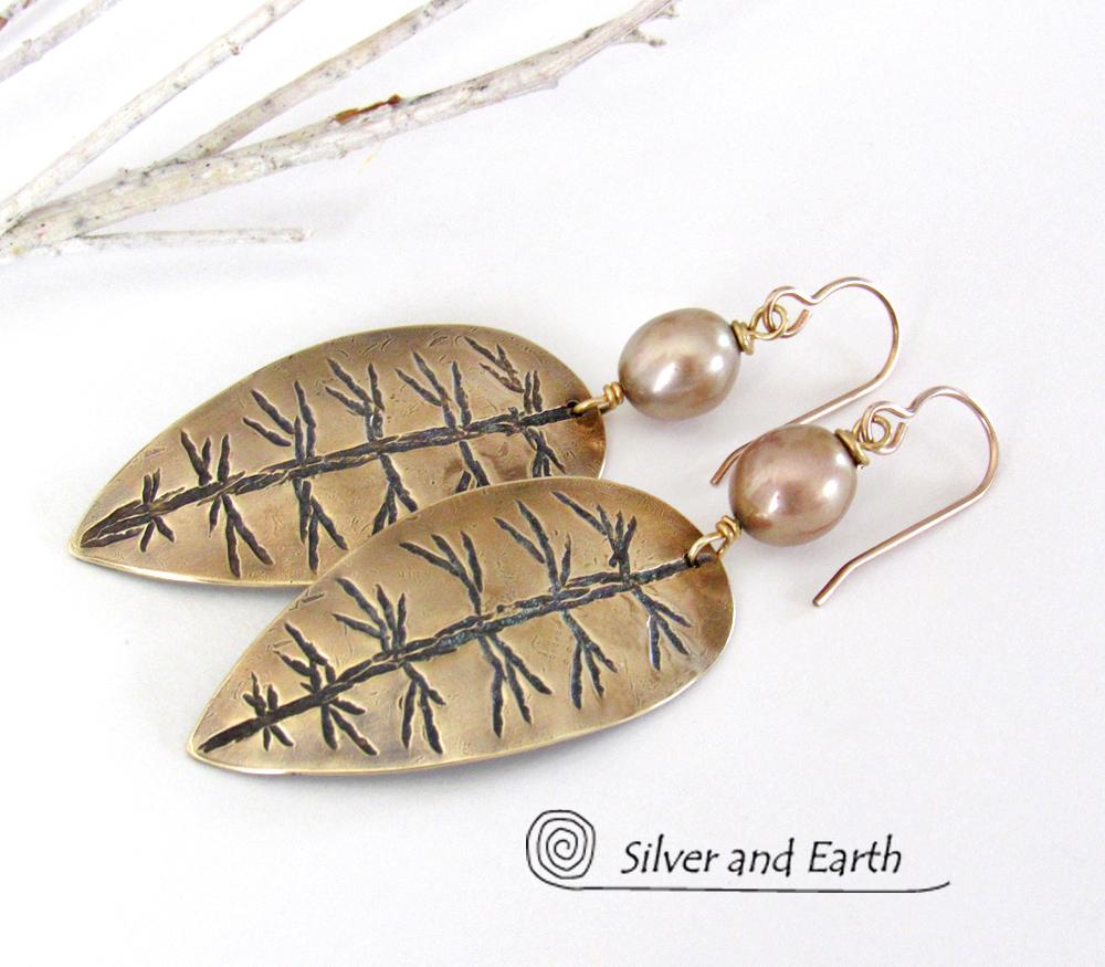 Gold Brass Leaf Earrings with Gold Pearls - Elegant Nature Inspired Jewelry