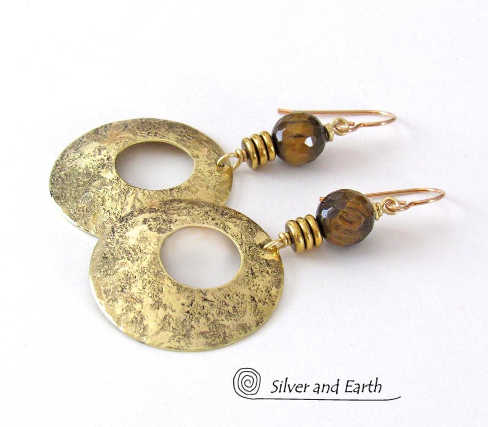 Gold Brass Hoop Dangle Earrings with Faceted Tiger's Eye Gemstones