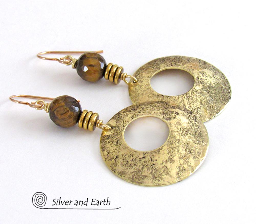 Gold Brass Hoop Dangle Earrings with Faceted Tiger's Eye Gemstones