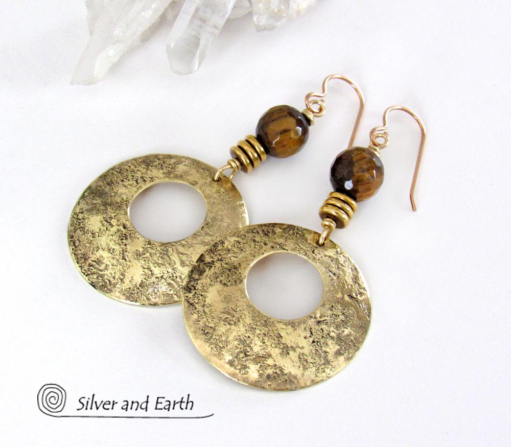 Gold Brass Hoop Dangle Earrings with Faceted Tiger's Eye Gemstones