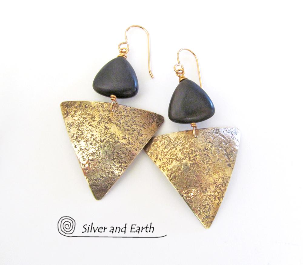 Gold Brass Triangle Earrings with Black Onyx - Modern Contemporary Jewelry