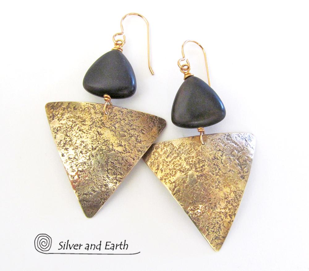 Gold Brass Triangle Earrings with Black Onyx - Modern Contemporary Jewelry