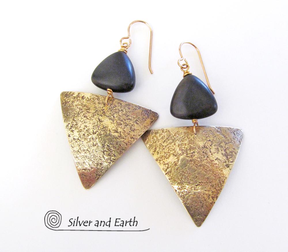 Gold Brass Triangle Earrings with Black Onyx - Modern Contemporary Jewelry