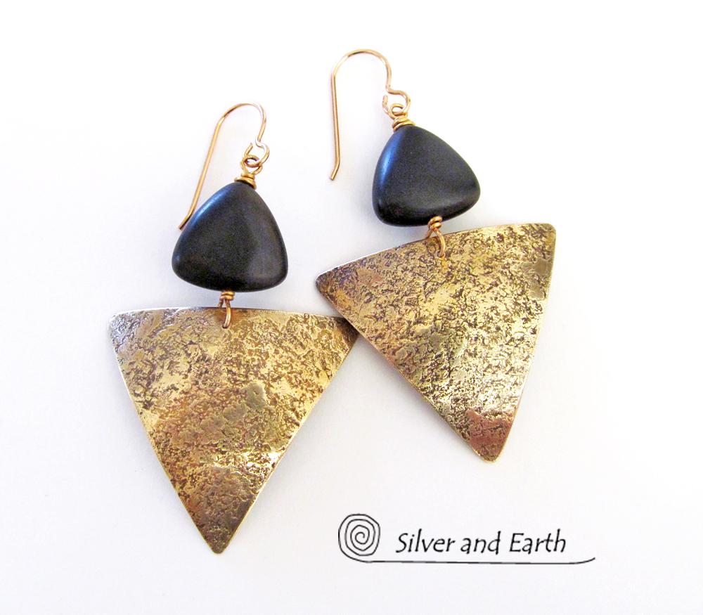 Gold Brass Triangle Earrings with Black Onyx - Modern Contemporary Jewelry