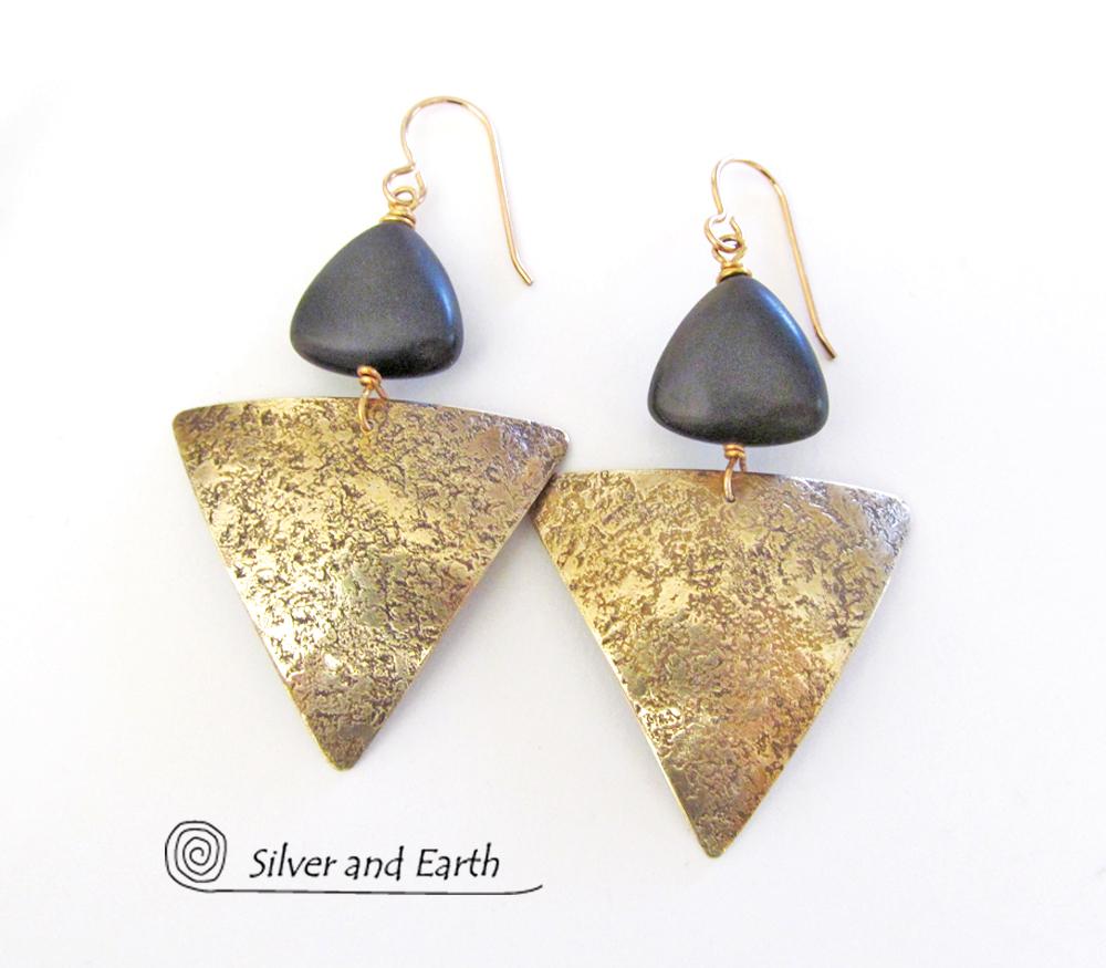 Gold Brass Triangle Earrings with Black Onyx - Modern Contemporary Jewelry