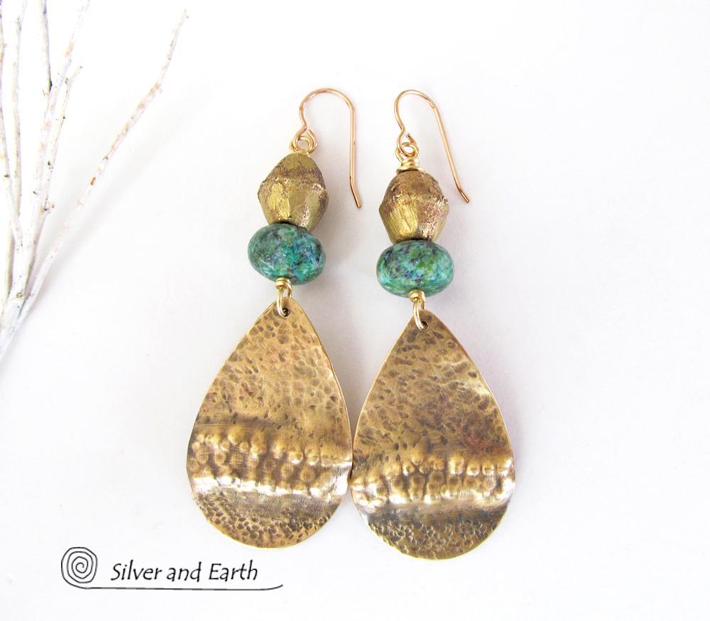 Gold Brass Tribal Earrings with Chrysocolla Stones and African Brass Beads