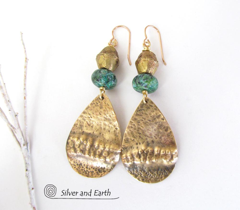 Gold Brass Tribal Earrings with Chrysocolla Stones and African Brass Beads