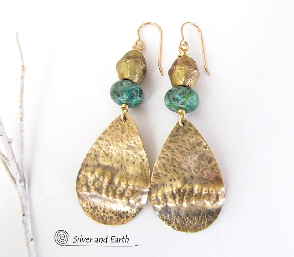 Gold Brass Tribal Earrings with Chrysocolla Stones and African Brass Beads