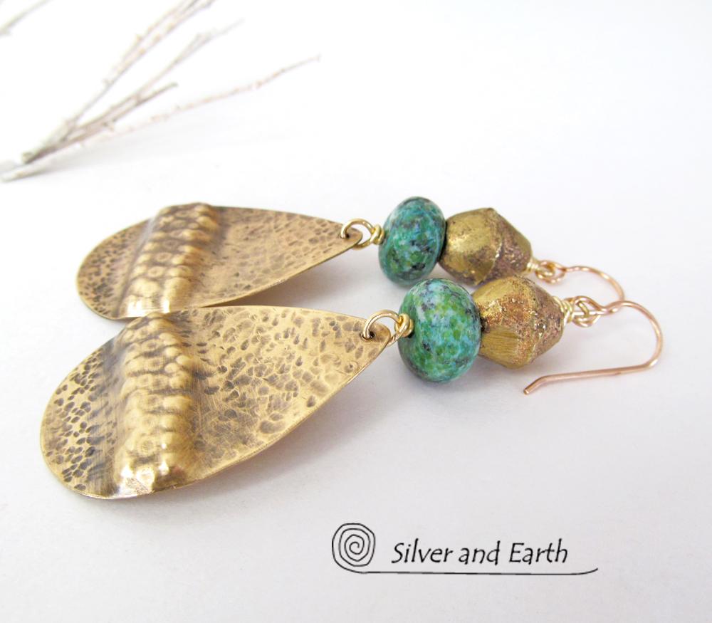 Gold Brass Tribal Earrings with Chrysocolla Stones and African Brass Beads