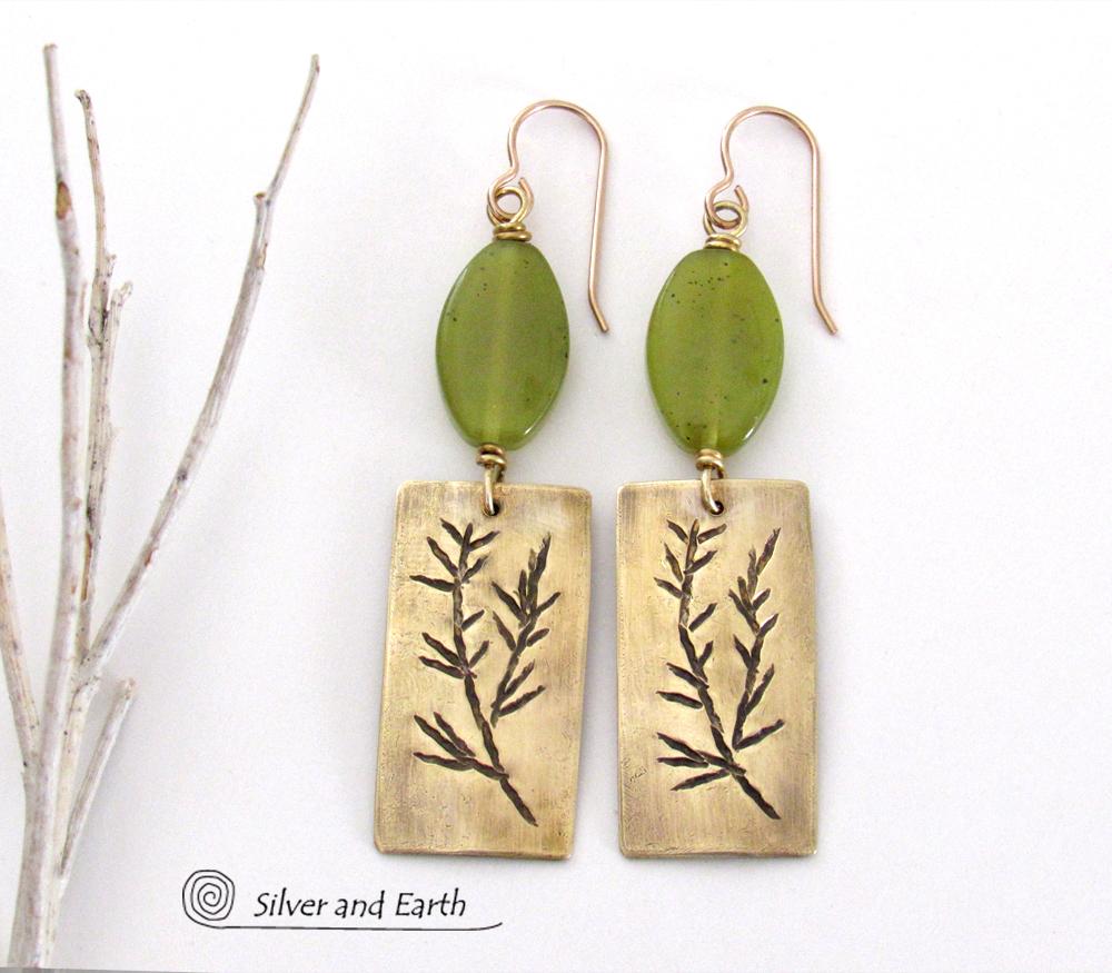 Gold Brass Earrings with Twig Design & Green Serpentine Stones - Nature Jewelry