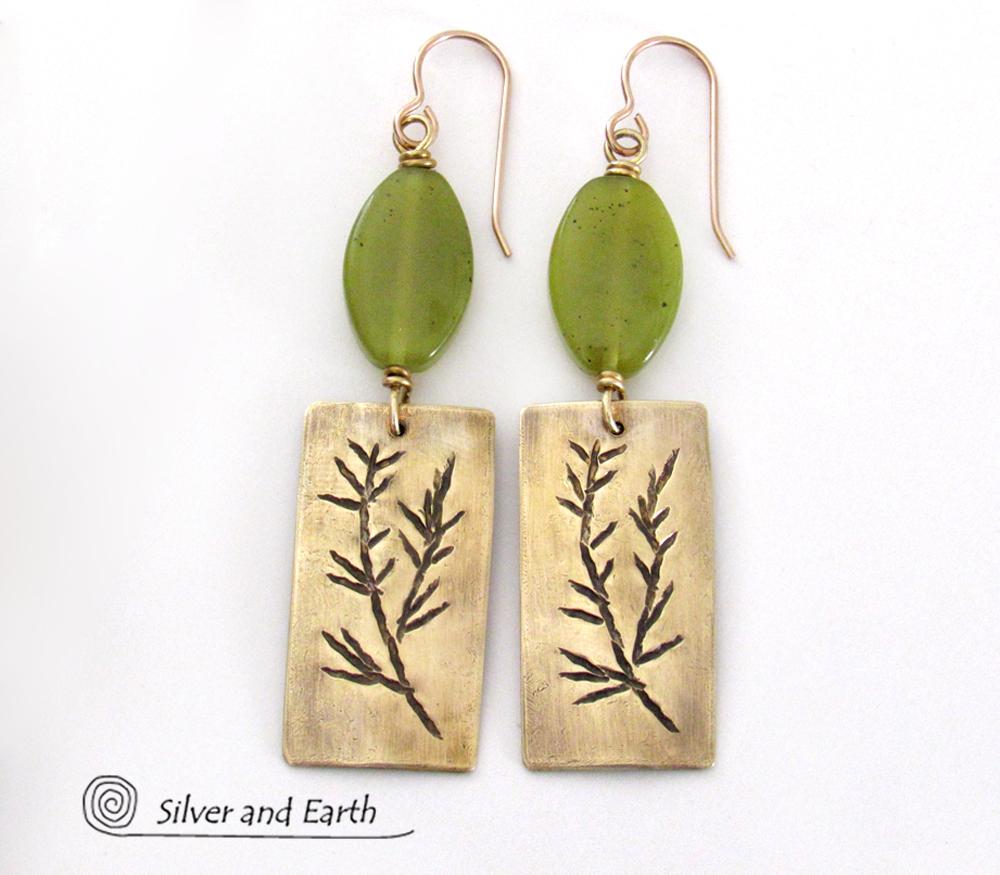 Gold Brass Earrings with Twig Design & Green Serpentine Stones - Nature Jewelry