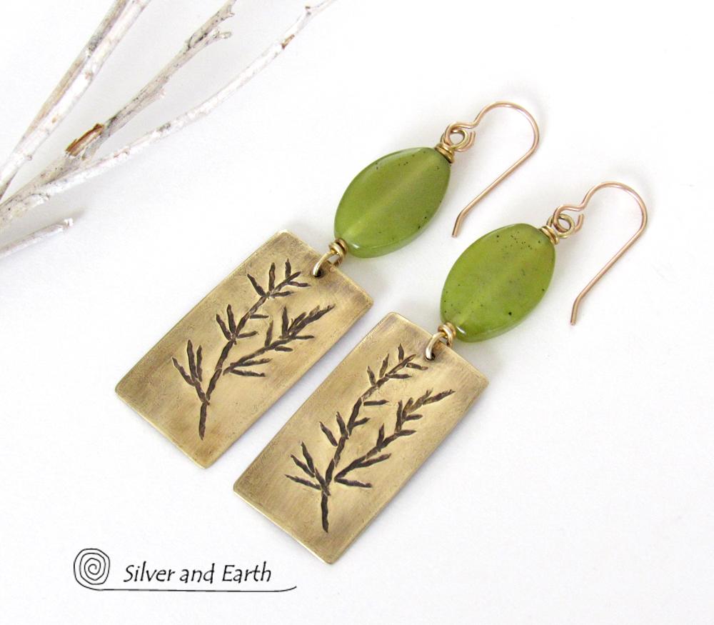 Gold Brass Earrings with Twig Design & Green Serpentine Stones - Nature Jewelry