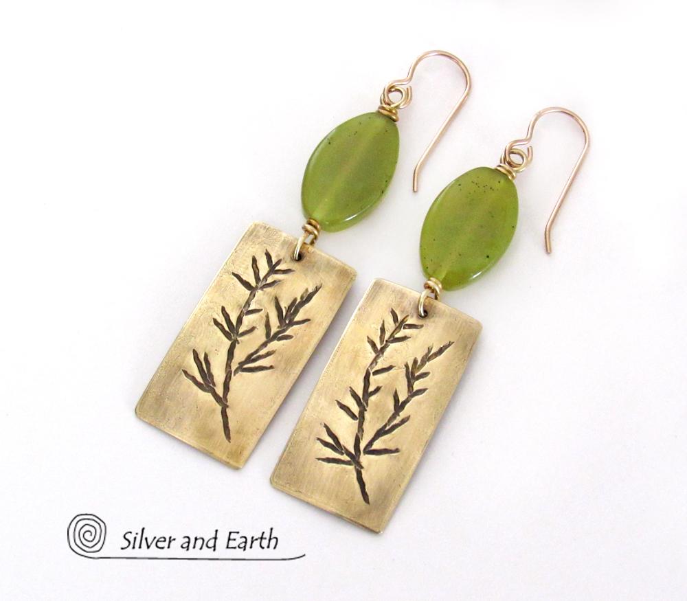 Gold Brass Earrings with Twig Design & Green Serpentine Stones - Nature Jewelry