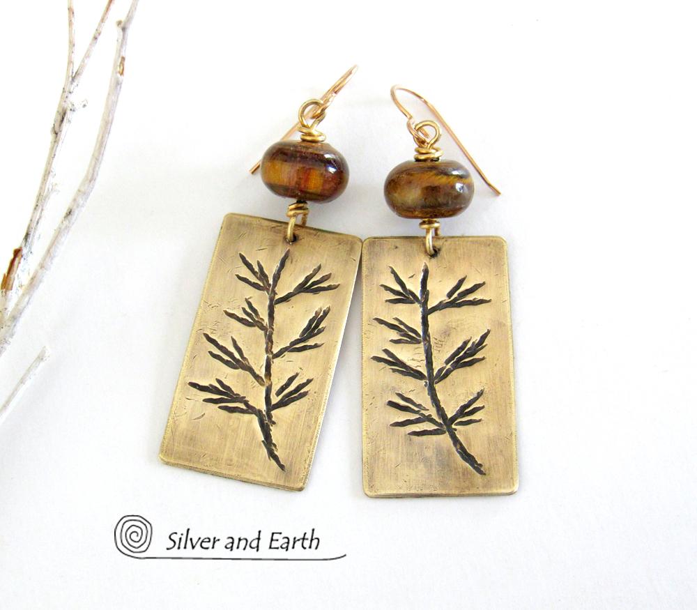 Gold Brass Earrings with Twig Design & Tiger's Eye Stones - Nature Jewelry