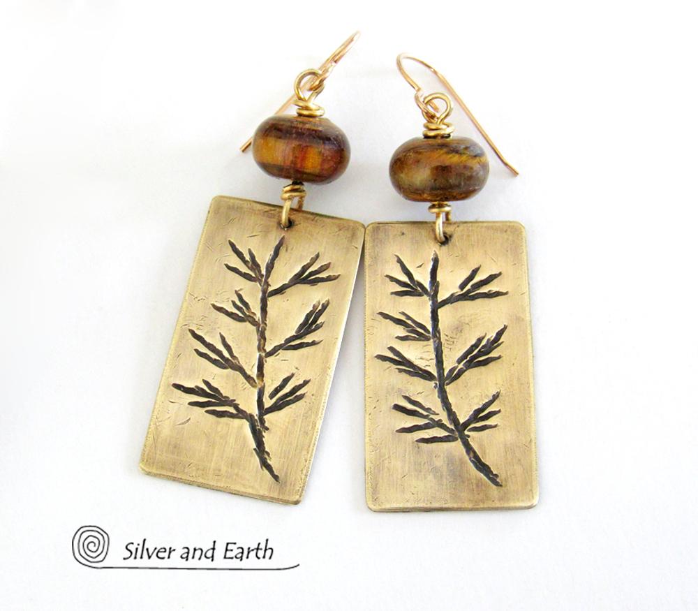 Gold Brass Earrings with Twig Design & Tiger's Eye Stones - Nature Jewelry