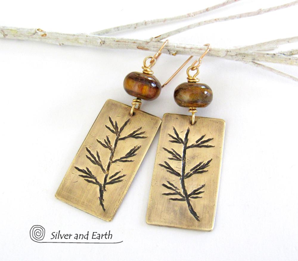 Gold Brass Earrings with Twig Design & Tiger's Eye Stones - Nature Jewelry