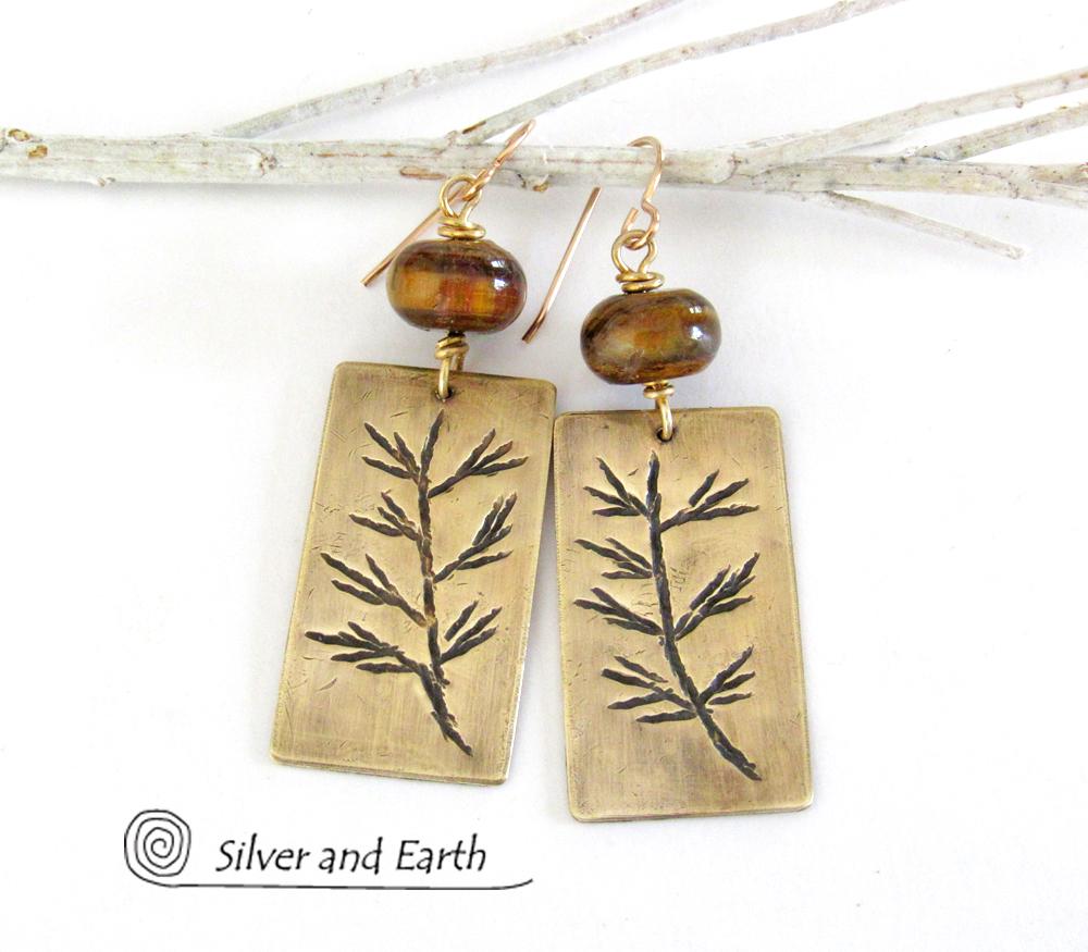 Gold Brass Earrings with Twig Design & Tiger's Eye Stones - Nature Jewelry