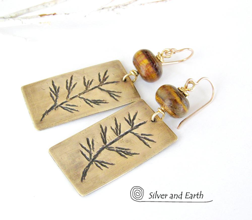 Gold Brass Earrings with Twig Design & Tiger's Eye Stones - Nature Jewelry