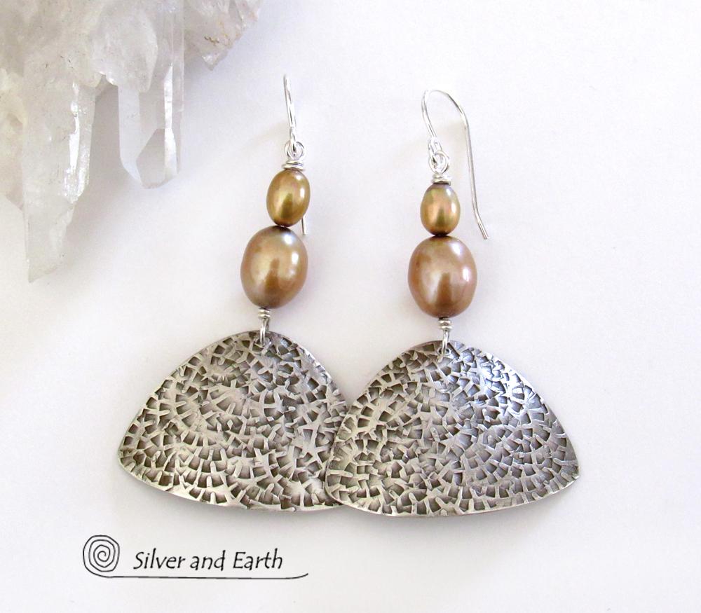 Sterling Silver Earrings with Gold Freshwater Pearls - Elegant Modern Jewelry