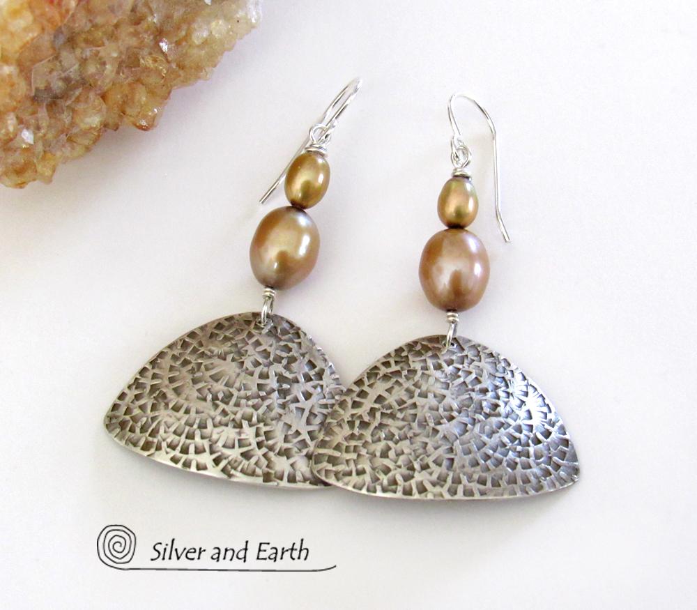 Sterling Silver Earrings with Gold Freshwater Pearls - Elegant Modern Jewelry