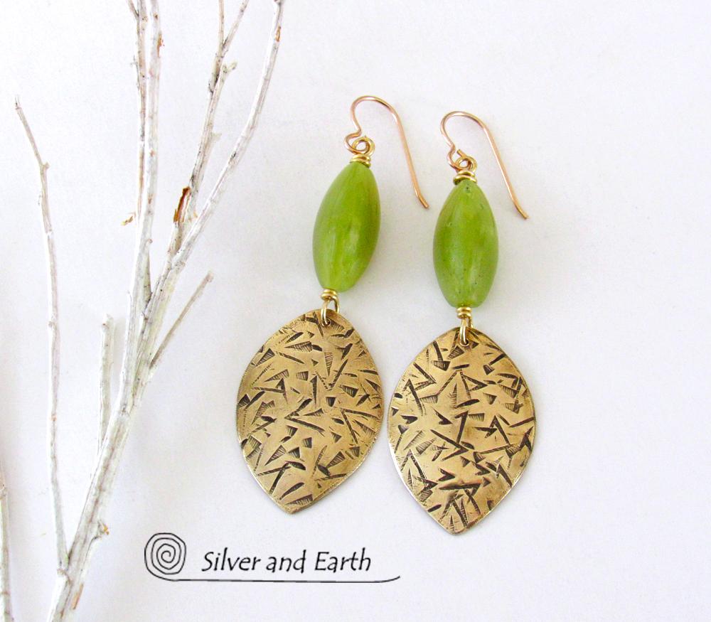 Gold Brass Earrings with Green Jade Stones - Earthy Handmade Artisan Jewelry