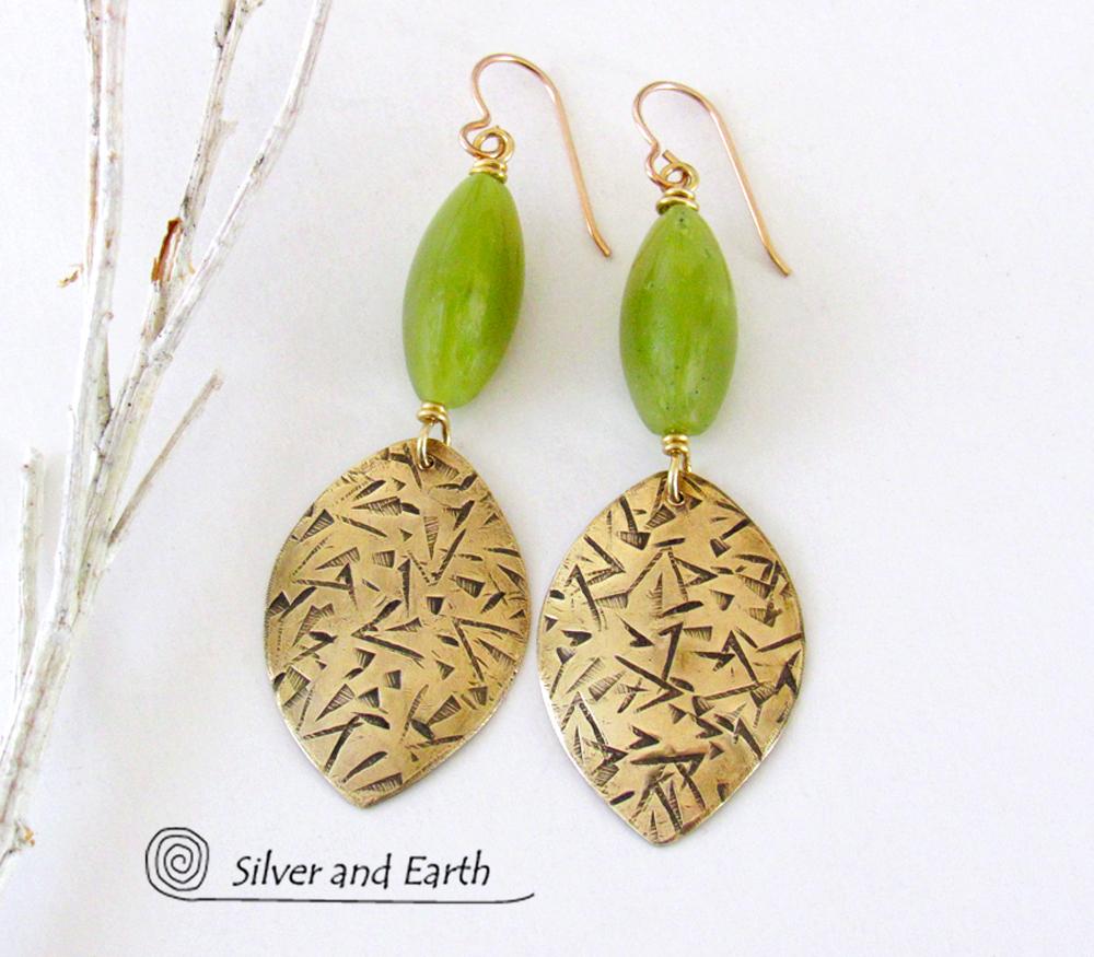 Gold Brass Earrings with Green Jade Stones - Earthy Handmade Artisan Jewelry
