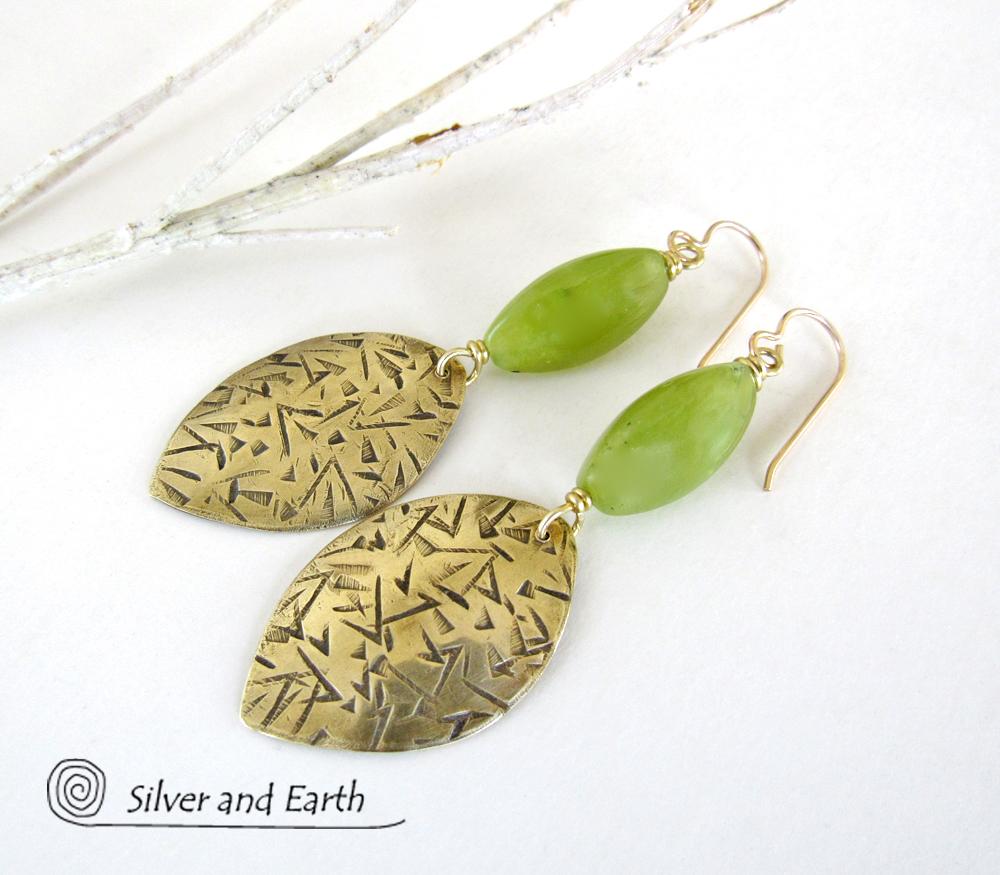 Gold Brass Earrings with Green Jade Stones - Earthy Handmade Artisan Jewelry