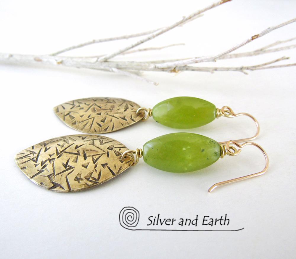 Gold Brass Earrings with Green Jade Stones - Earthy Handmade Artisan Jewelry