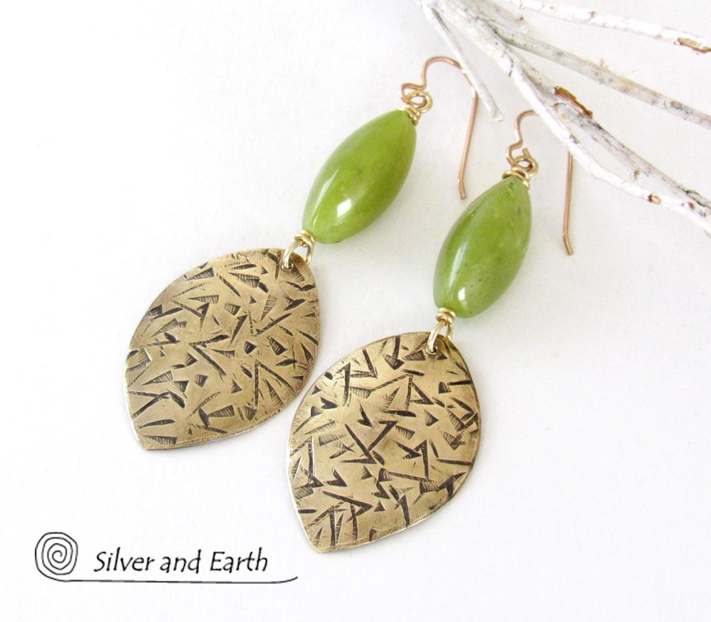 Gold Brass Earrings with Green Jade Stones - Earthy Handmade Artisan Jewelry