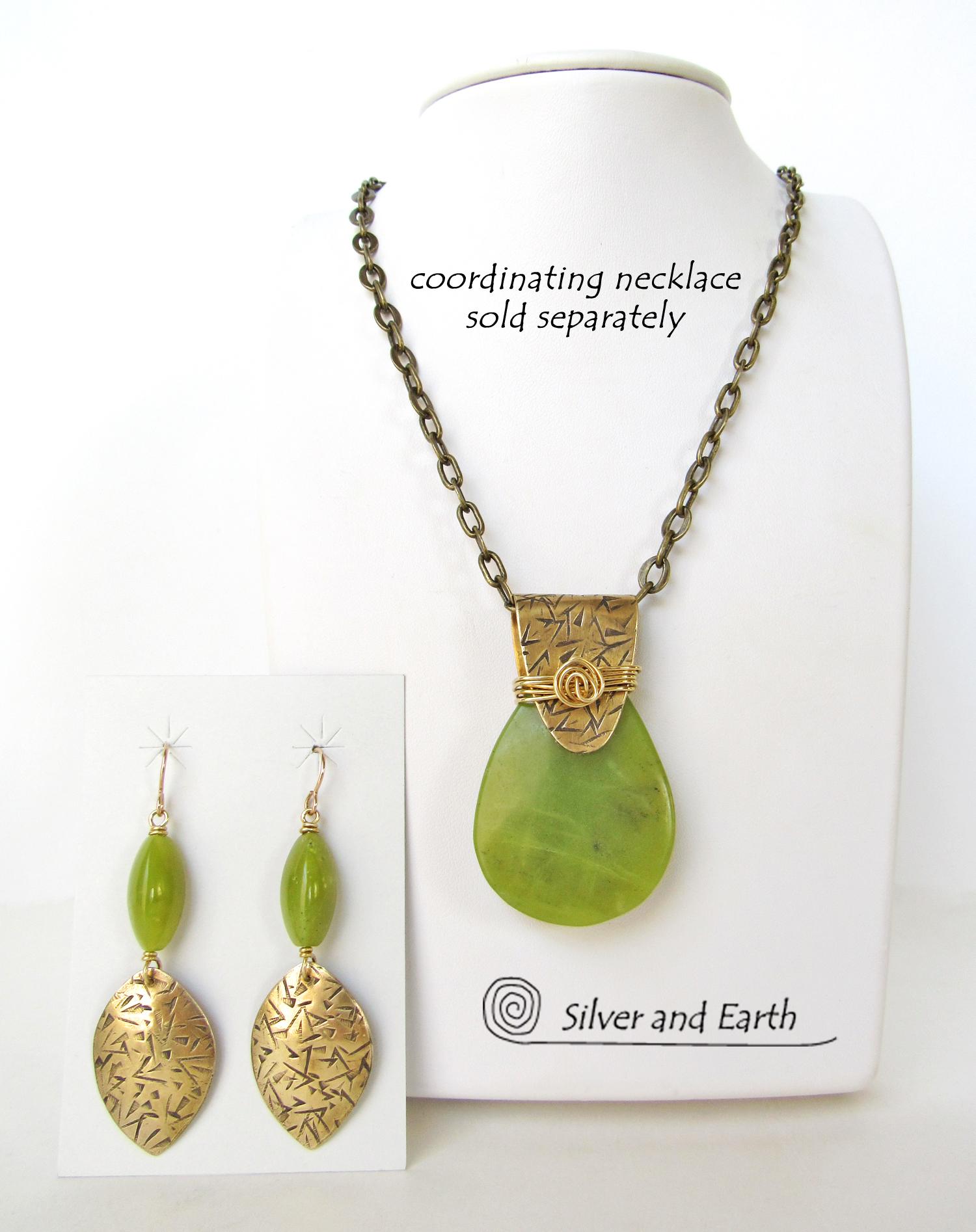 Gold Brass Earrings with Green Jade Stones - Earthy Handmade Artisan Jewelry