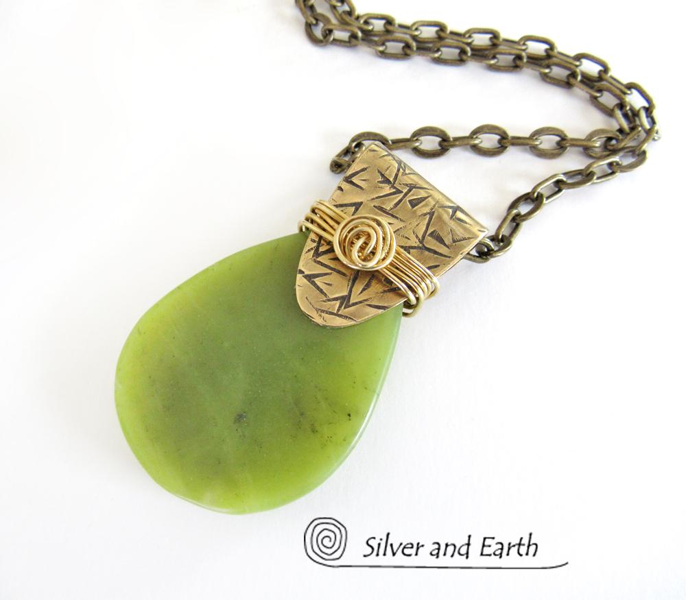 Green Jade Gemstone Necklace with Gold Brass Bail - Unique Handmade Jewelry