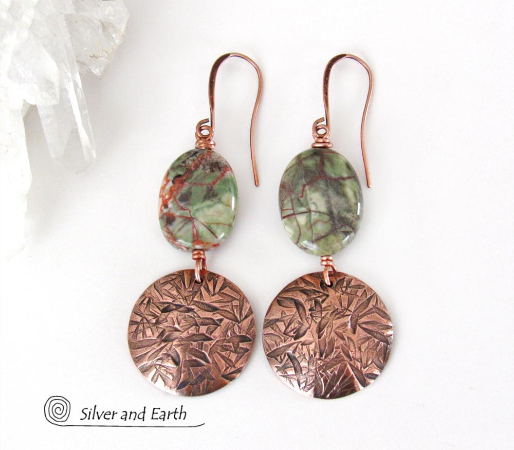 Textured Copper Dangle Earrings with Green Rhyolite Jasper Stones