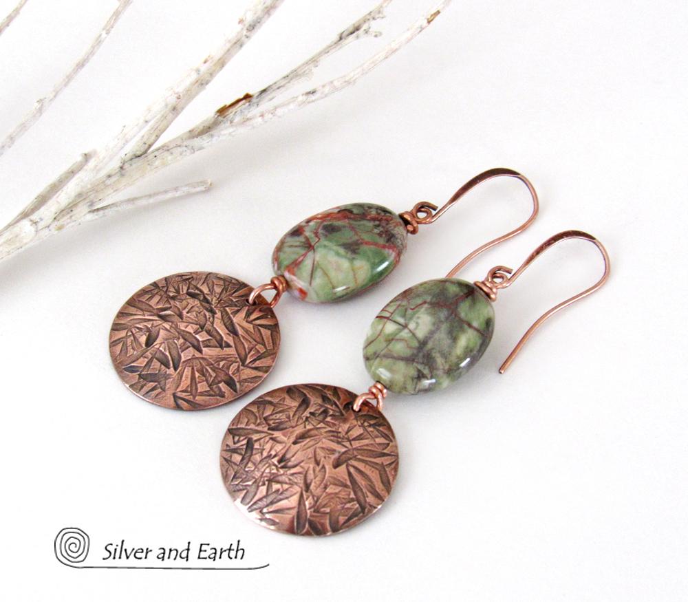 Textured Copper Dangle Earrings with Green Rhyolite Jasper Stones