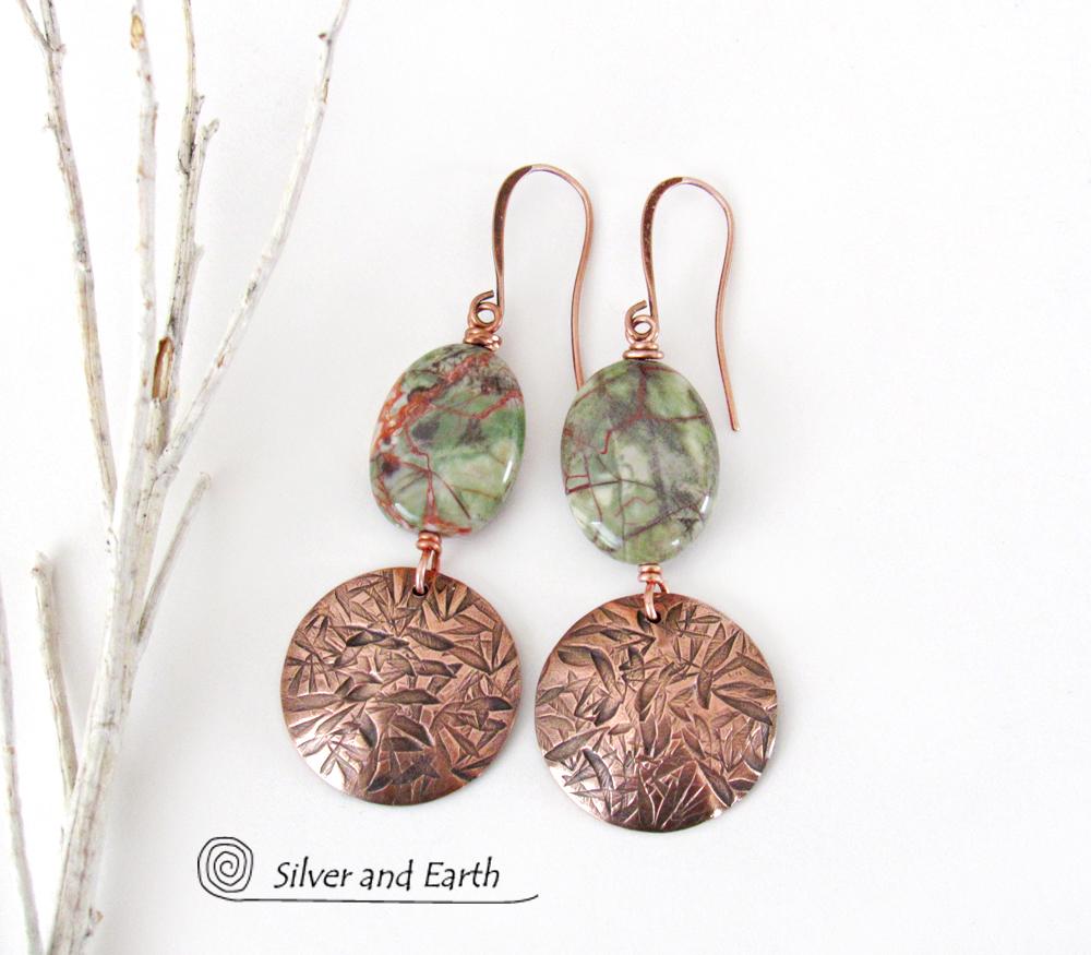 Textured Copper Dangle Earrings with Green Rhyolite Jasper Stones