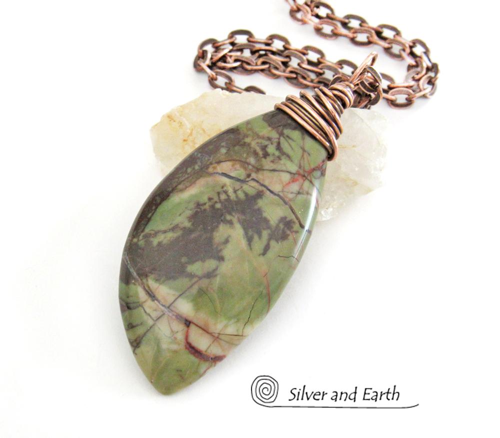 Green Rhyolite Jasper Pendant on Copper Chain - Wire Wrapped Stone Jewelry