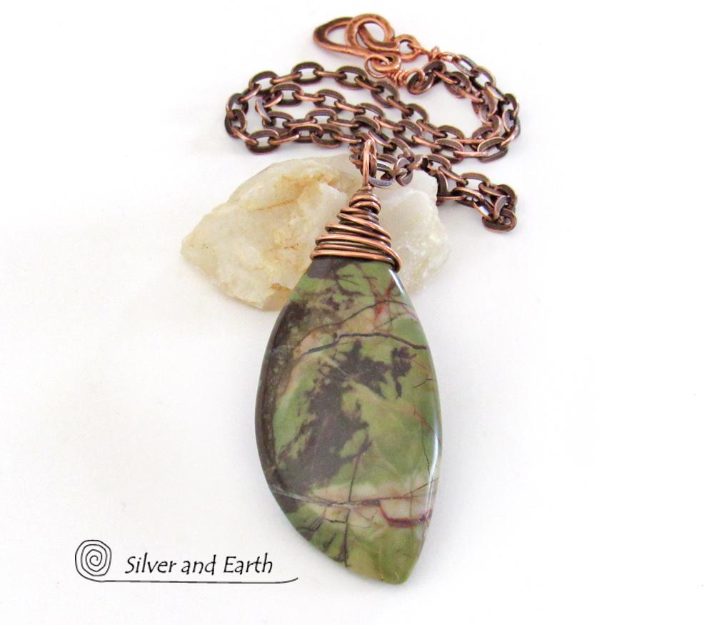 Green Rhyolite Jasper Pendant on Copper Chain - Wire Wrapped Stone Jewelry